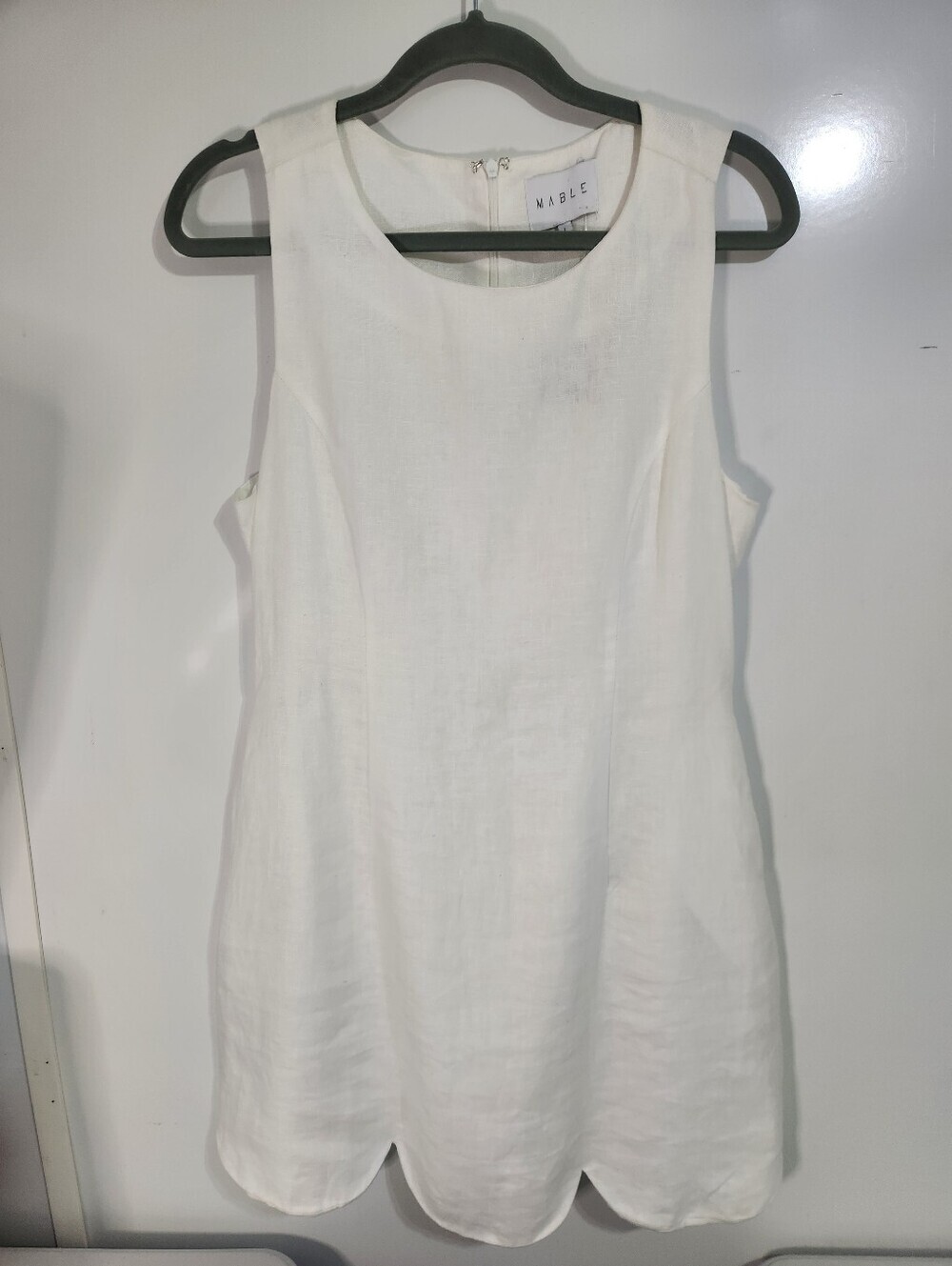 Mable White Linen Sleeveless Scallop Hem Dress, Size Large, NWT